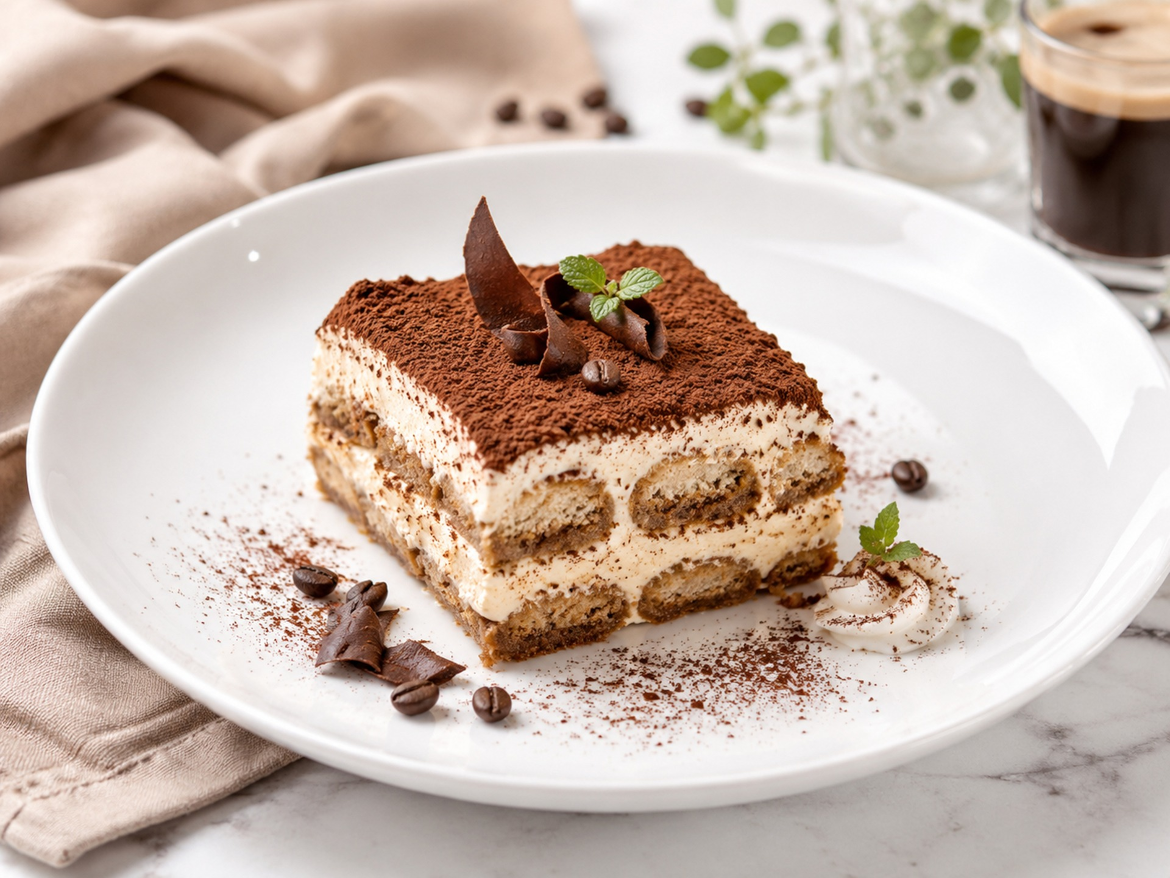 Tiramisu auf einem runden Porzellanteller
